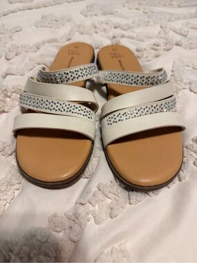 Time and Tru White Slide Sandals with Silver Rhinestones